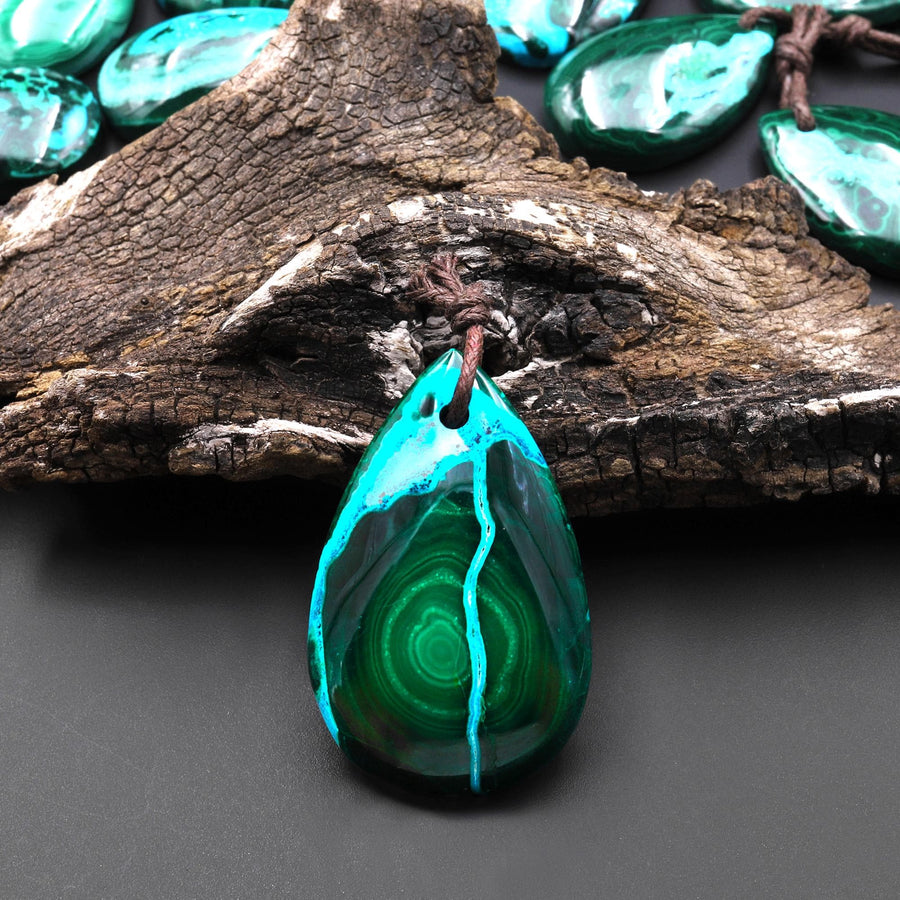 Rare Natural Hybrid Gemstone Blue Chrysocolla Green Malachite Side Drilled Teardrop Pendant