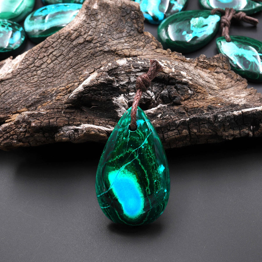 Rare Natural Hybrid Gemstone Blue Chrysocolla Green Malachite Side Drilled Teardrop Pendant A2