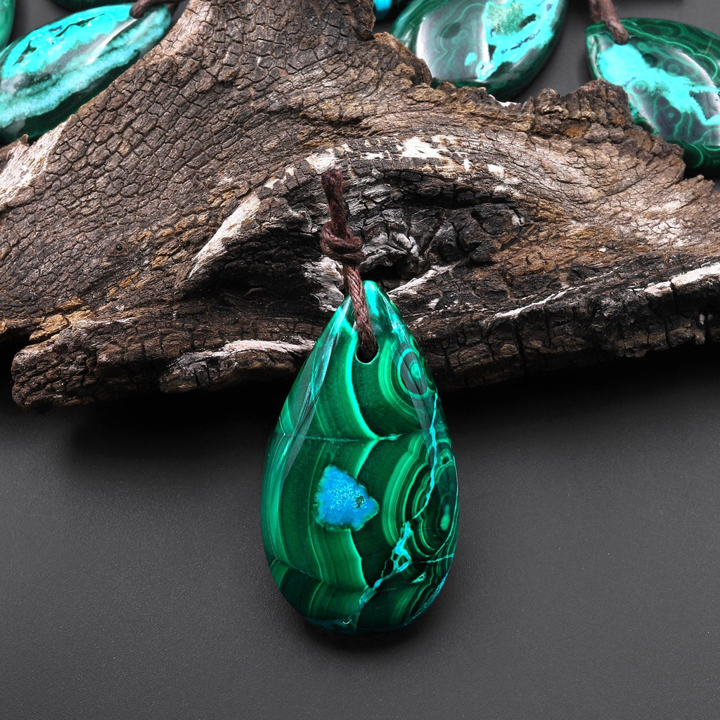 Rare Natural Hybrid Gemstone Blue Chrysocolla Green Malachite Side Drilled Teardrop Pendant A6