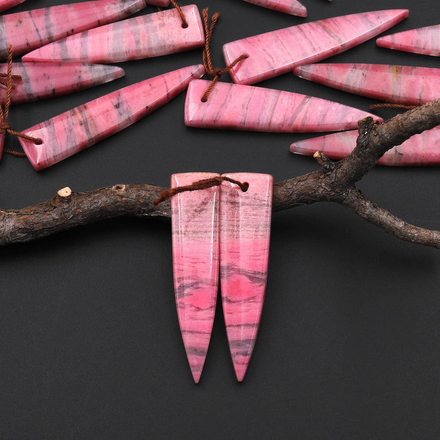 AAA Natural Pink Rhodonite In Quartz Earring Pair Dagger Inverted Triangle Drilled Matched Gemstone Beads