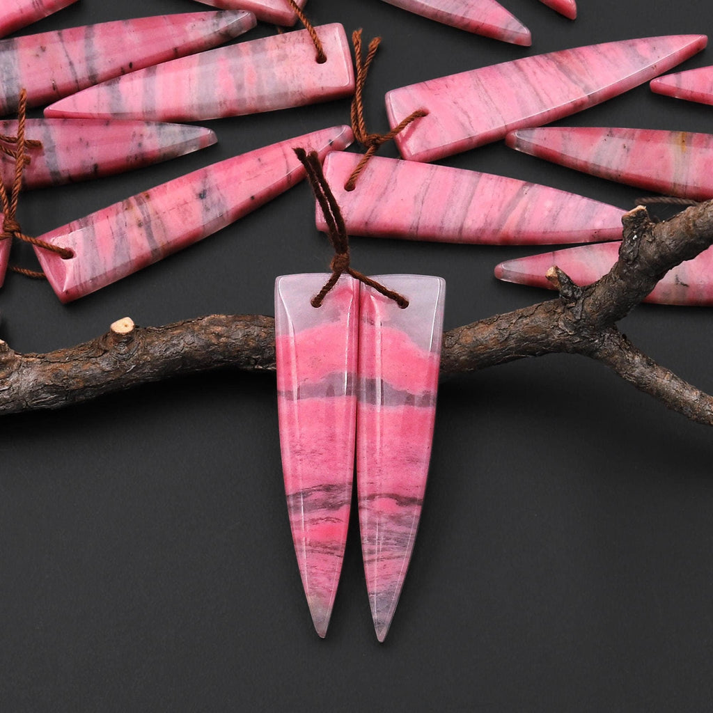 AAA Natural Pink Rhodonite In Quartz Earring Pair Dagger Inverted Triangle Drilled Matched Gemstone Beads A1