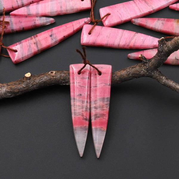 AAA Natural Pink Rhodonite In Quartz Earring Pair Dagger Inverted Triangle Drilled Matched Gemstone Beads A3