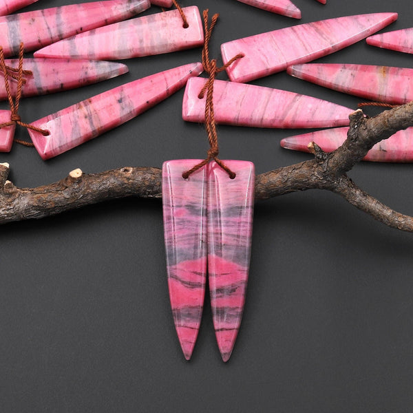 AAA Natural Pink Rhodonite In Quartz Earring Pair Dagger Inverted Triangle Drilled Matched Gemstone Beads A4