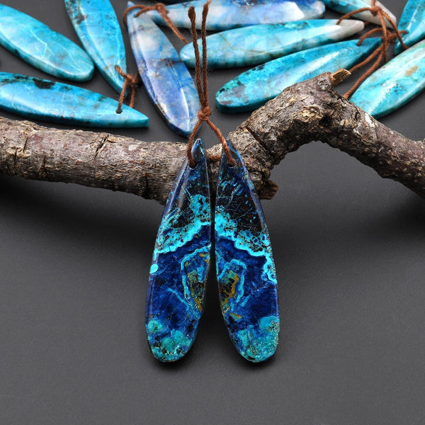 Natural Blue Green Azurite Chrysocolla Teardrop Earring Pair Matched Drilled Cabochon Gemstone Beads A2
