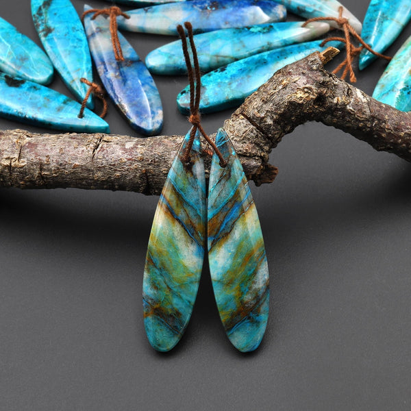 Natural Blue Green Azurite Chrysocolla Teardrop Earring Pair Matched Drilled Cabochon Gemstone Beads A16