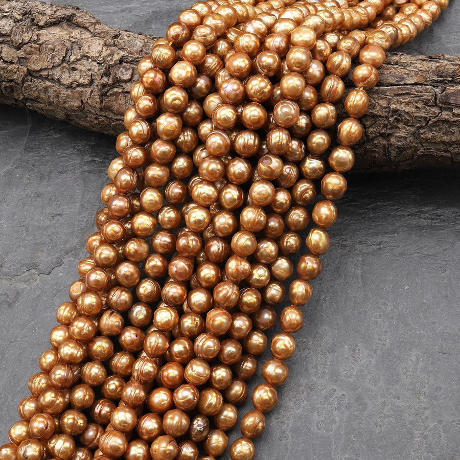 Faceted Genuine Freshwater Gold Pearl 8mm Off Round Beads 16" Strand