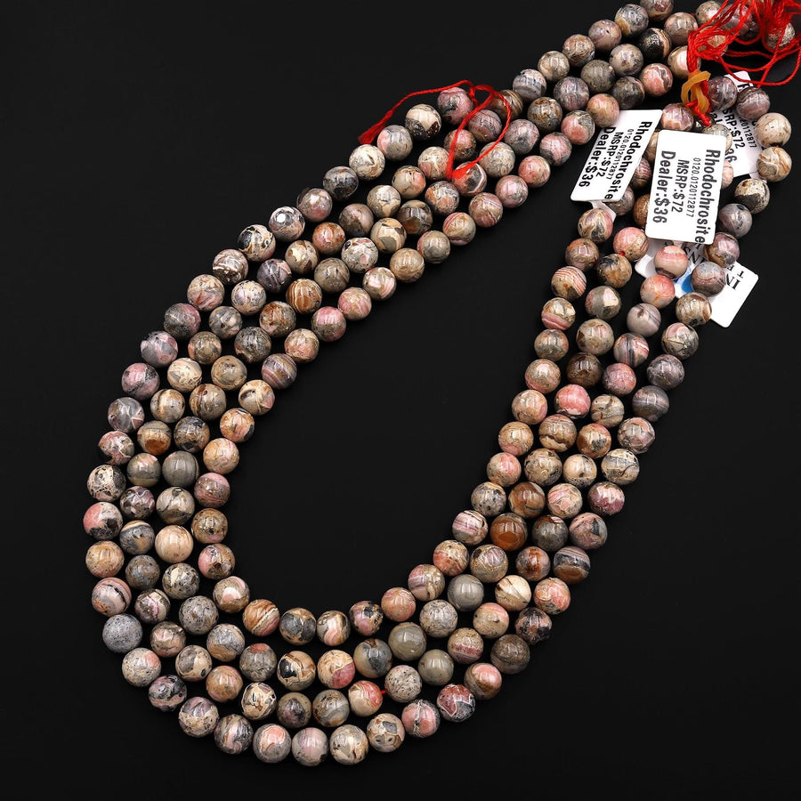 Natural Pink Rhodochrosite Beads Smooth Round 8mm 12mm W/ Iron Matrix 15.5" Strand