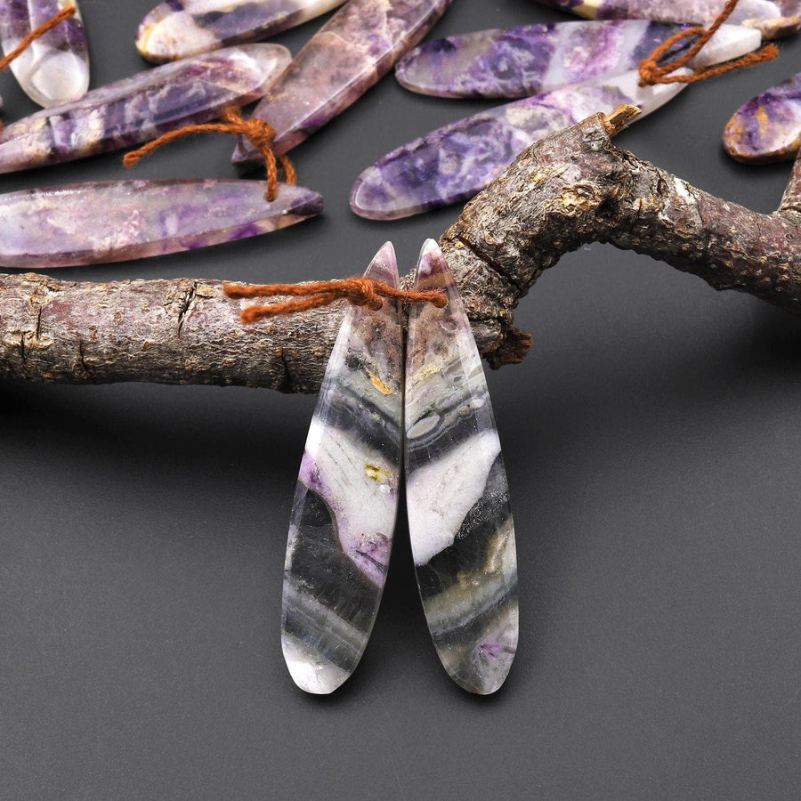 Translucent Natural African Petrified Purple Opal Earring Pair Matched Teardrop Gemstone Beads A6