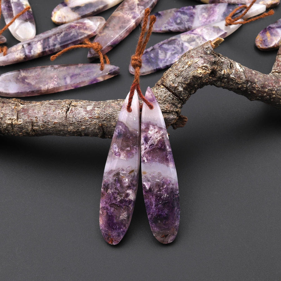 Translucent Natural African Petrified Purple Opal Earring Pair Matched Teardrop Gemstone Beads A7