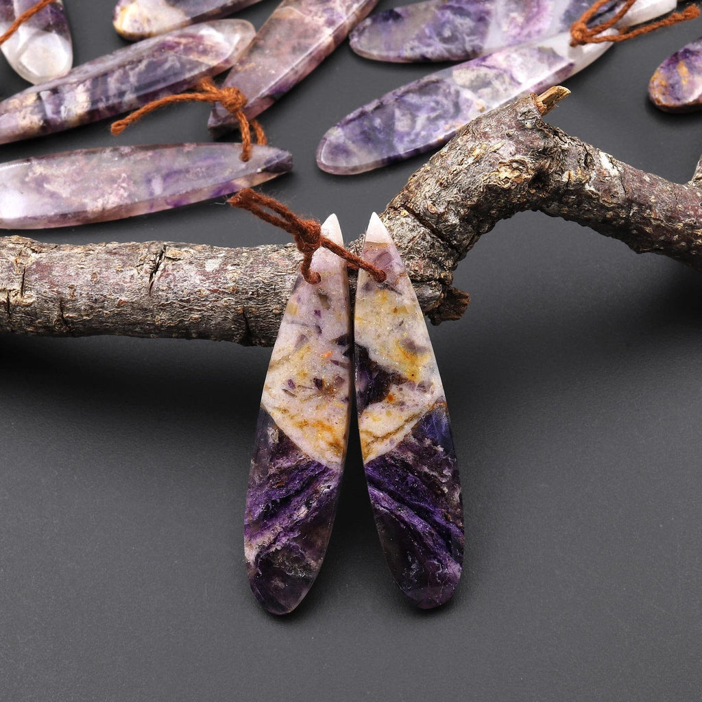Translucent Natural African Petrified Purple Opal Earring Pair Matched Teardrop Gemstone Beads A10