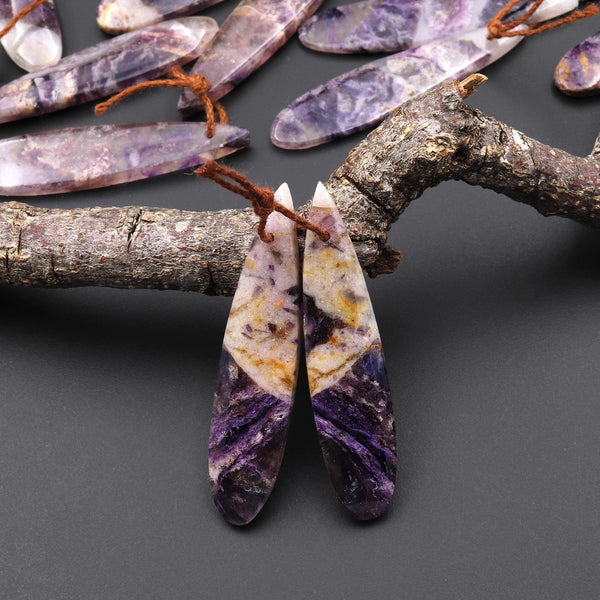 Translucent Natural African Petrified Purple Opal Earring Pair Matched Teardrop Gemstone Beads A10