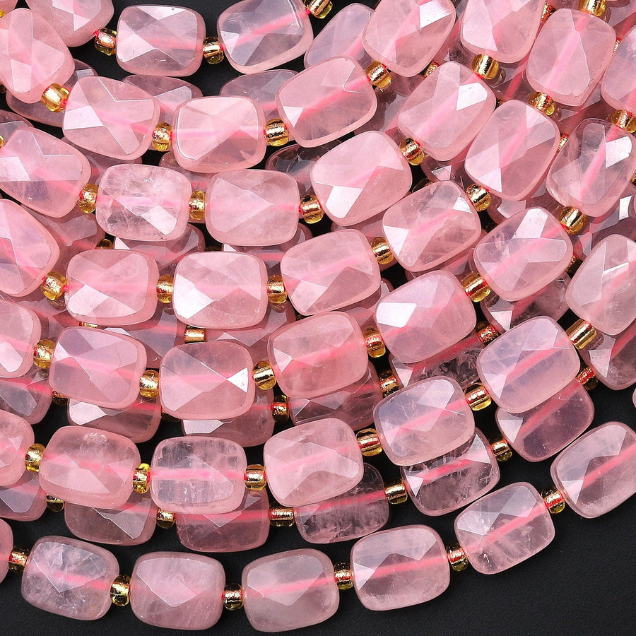 AAA Faceted Natural Rose Quartz Rectangle Cushion Beads 8x10mm 15.5" Strand