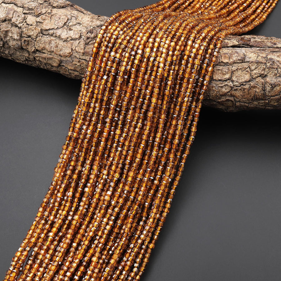 AAA Natural Brown Hessonite Garnet Faceted 2mm Cube Beads 15.5" Strand