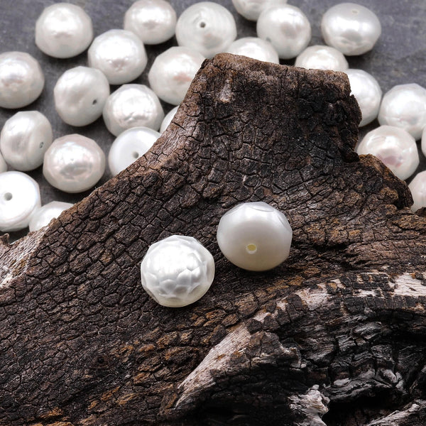 Half Drilled Faceted Genuine Freshwater White Pearl 10mm Button Stud Pair Earrings A1