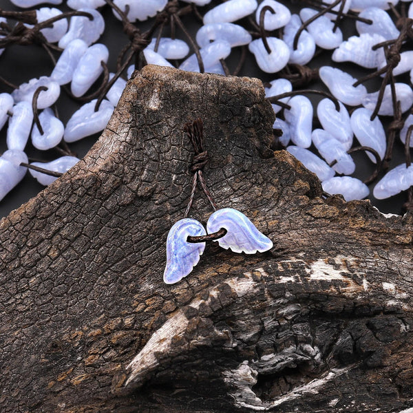 Small Hand Carved Natural Blue Lace Agate Angel Wing Earring Pair Drilled Matched Gemstone Beads A1