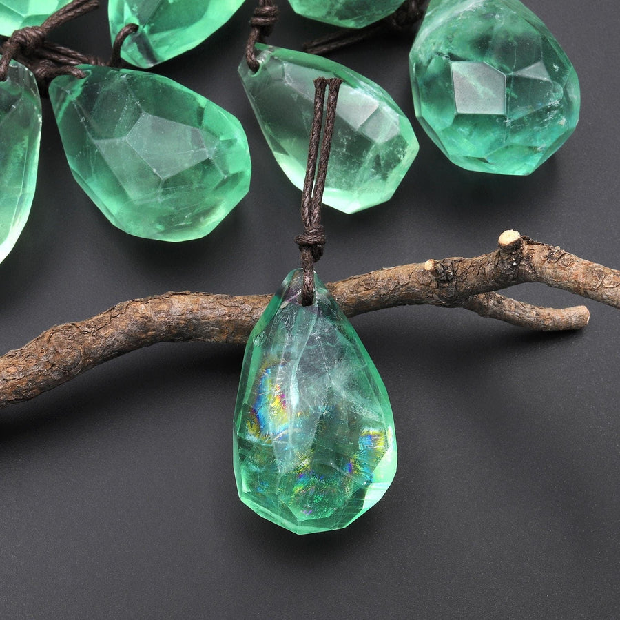 AAA Faceted Natural Green Fluorite Nugget Point Pendant Gemstone Focal Bead A2