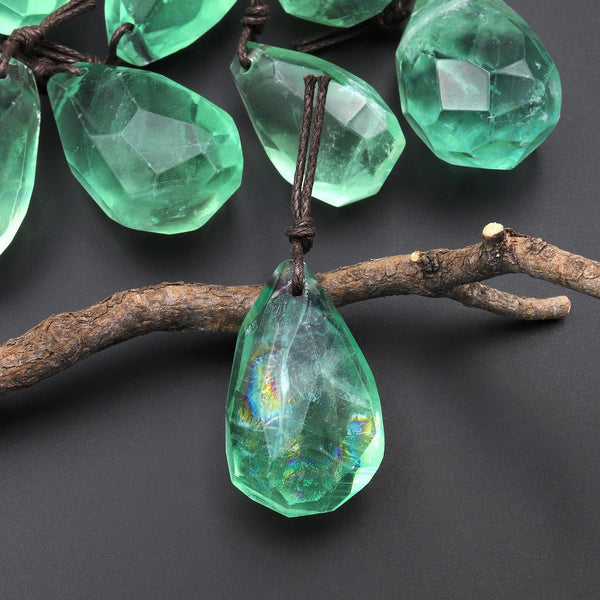 AAA Faceted Natural Green Fluorite Nugget Point Pendant Gemstone Focal Bead A2