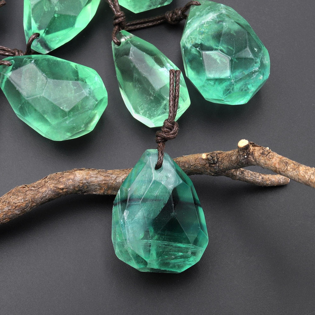 AAA Faceted Natural Green Fluorite Nugget Point Pendant Gemstone Focal Bead A4