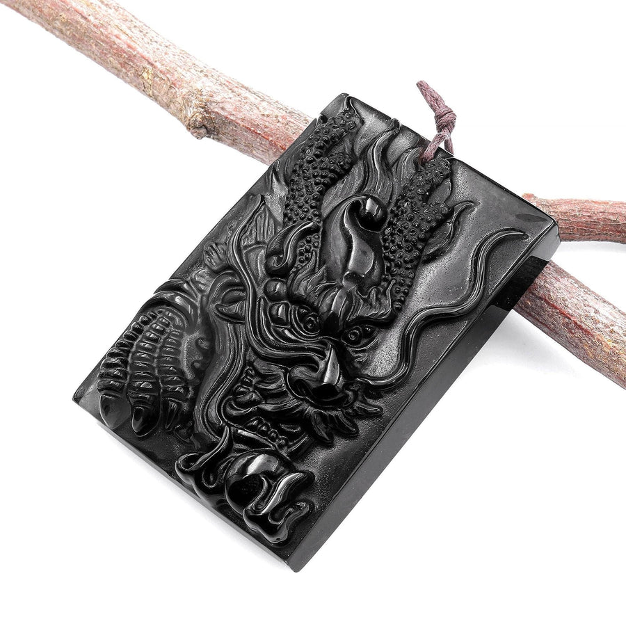 AAA Hand Carved Natural Black Rainbow Obsidian Flying Dragon Pendant Gemstone Focal Bead