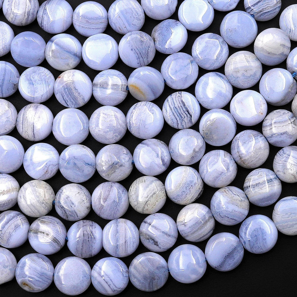 Natural Blue Lace Agate Smooth 8mm Coin Beads 15.5" Strand