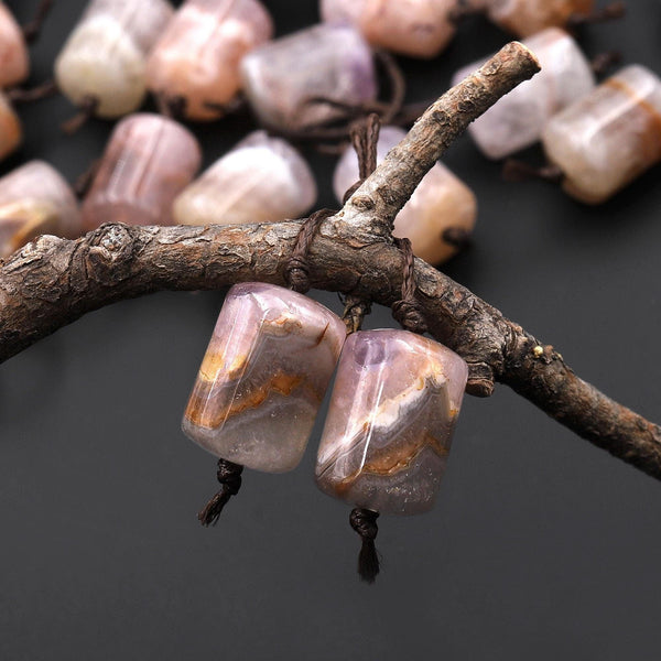 Rare Translucent Natural Rainbow Amethyst Earring Pair Matched Short Cylinder Tube 14x10mm Gemstone Beads A2