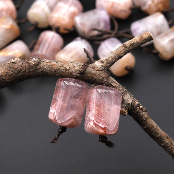 Rare Translucent Natural Rainbow Amethyst Earring Pair Matched Short Cylinder Tube 14x10mm Gemstone Beads A4