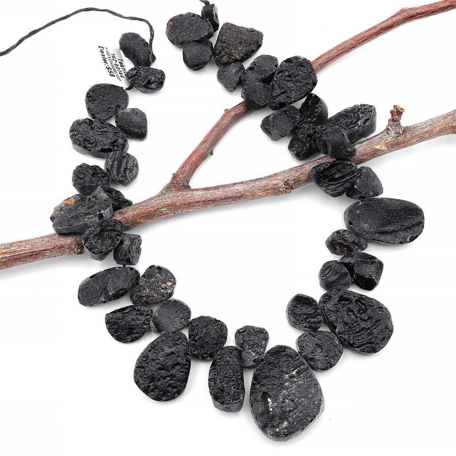 Natural Black Tektite From Tibet Freeform Teardrop Beads Side Drilled Real Genuine Meteorite Cosmic Gems Rough Raw Gemstone 15.5" Strand