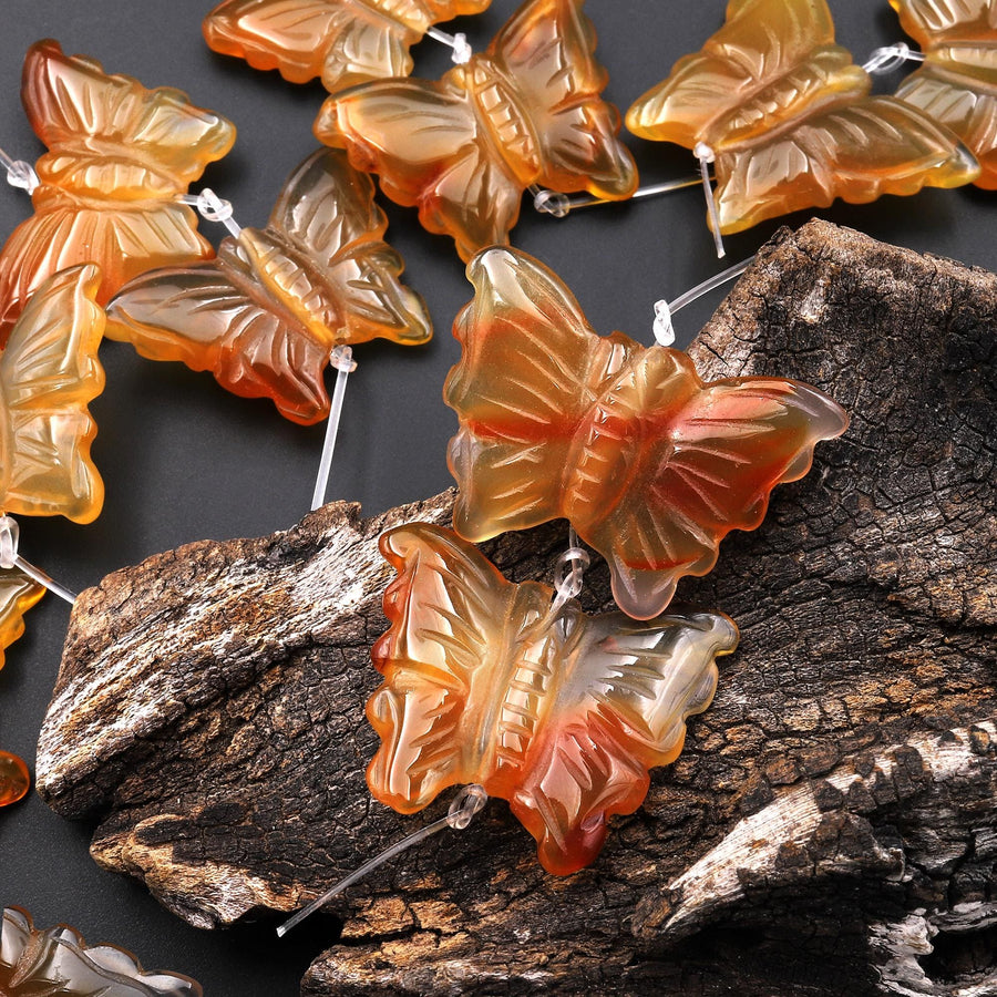 Hand Carved Natural Yellow Brown Orange Carnelian Butterfly Earring Pair Drilled Gemstone Matched Beads