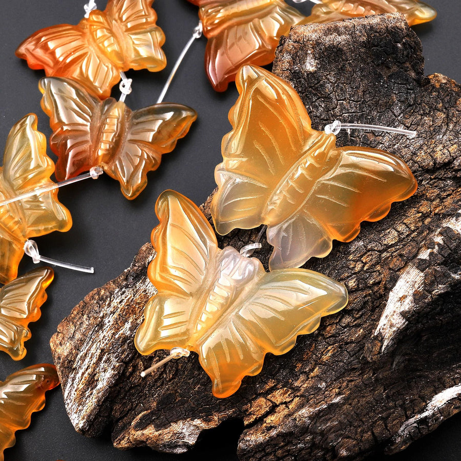 Hand Carved Natural Yellow Brown Orange Carnelian Butterfly Earring Pair Drilled Gemstone Matched Beads