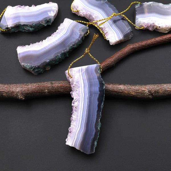 Natural Green Moss Agate Druzy Pendant Side Drilled Rectangle W/ Purple Crystals A1