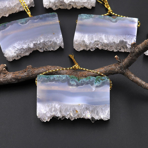 Natural Green Moss Agate Drusy Pendant Side Drilled Rectangle Slice A1