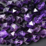 AAA Geometric Diamond Star Cut Genuine 100% Natural Amethyst Faceted 10mm Round Beads 15.5" Strand