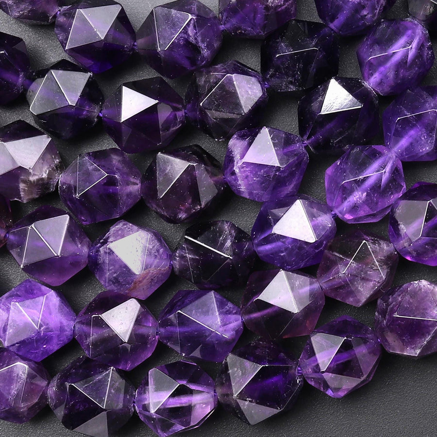 AAA Geometric Diamond Star Cut Genuine 100% Natural Amethyst Faceted 10mm Round Beads 15.5" Strand