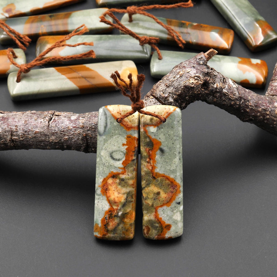 From Oregon Natural Owyhee Picture Jasper Rectangle Earrings Drilled Matched Gemstone Beads Pair A1