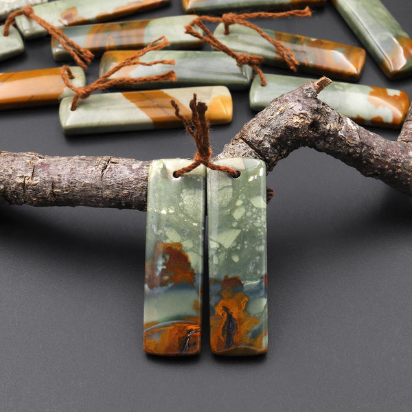 From Oregon Natural Owyhee Picture Jasper Rectangle Earrings Drilled Matched Gemstone Beads Pair A4