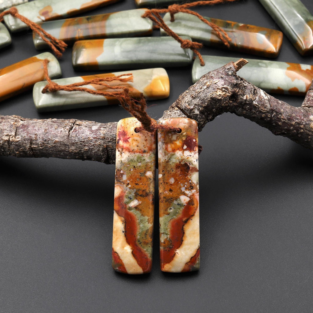 From Oregon Natural Owyhee Picture Jasper Rectangle Earrings Drilled Matched Gemstone Beads Pair A5