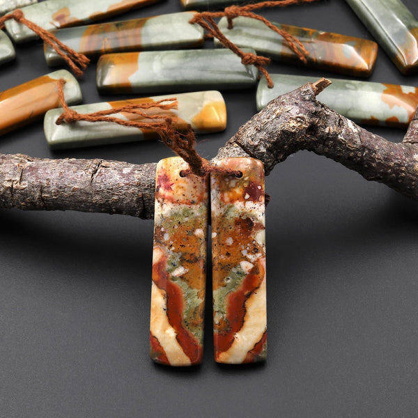 From Oregon Natural Owyhee Picture Jasper Rectangle Earrings Drilled Matched Gemstone Beads Pair A5