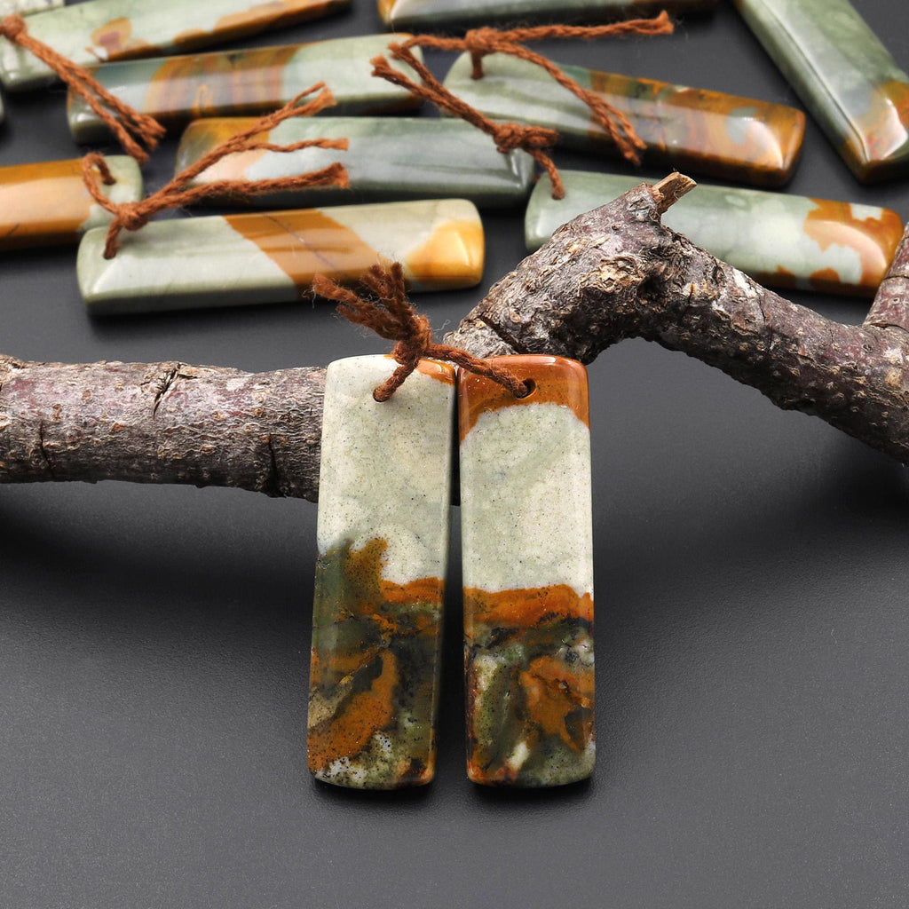 From Oregon Natural Owyhee Picture Jasper Rectangle Earrings Drilled Matched Gemstone Beads Pair A9