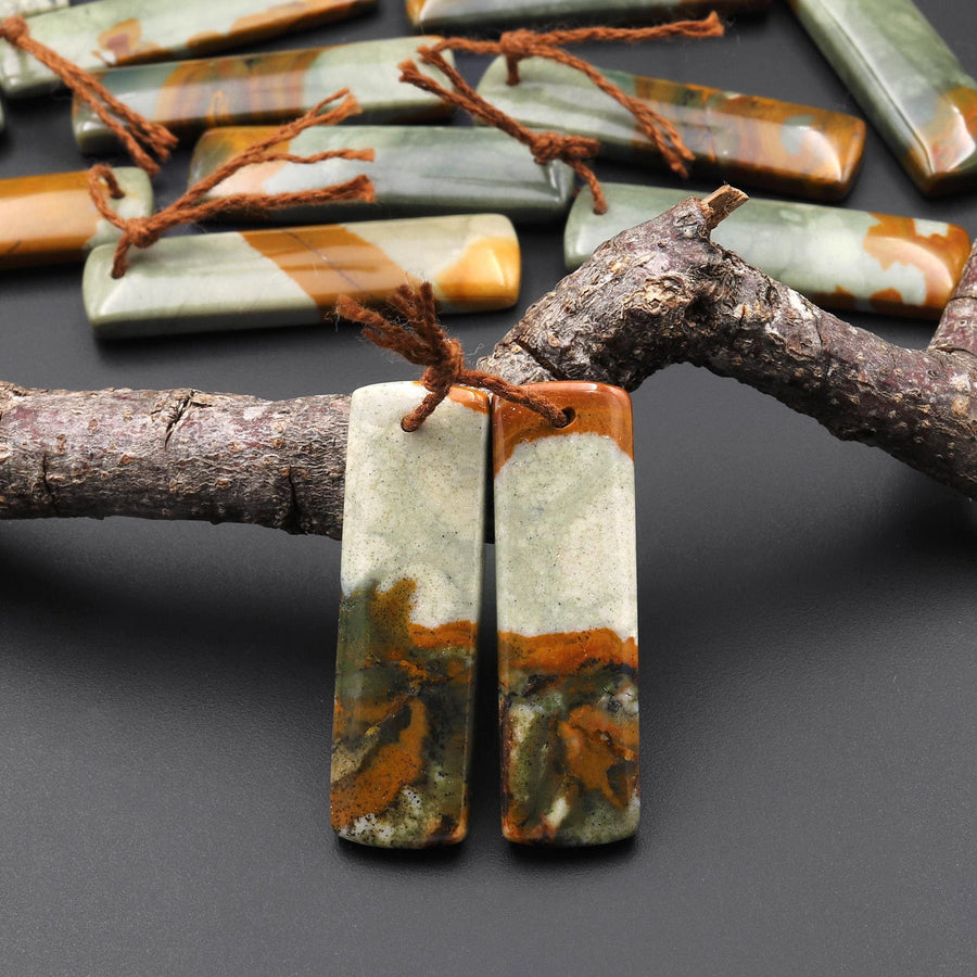 From Oregon Natural Owyhee Picture Jasper Rectangle Earrings Drilled Matched Gemstone Beads Pair A9