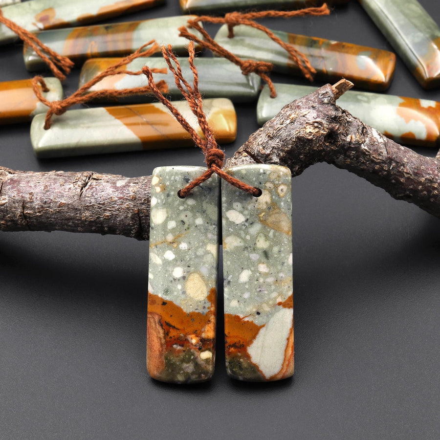 From Oregon Natural Owyhee Picture Jasper Rectangle Earrings Drilled Matched Gemstone Beads Pair A16