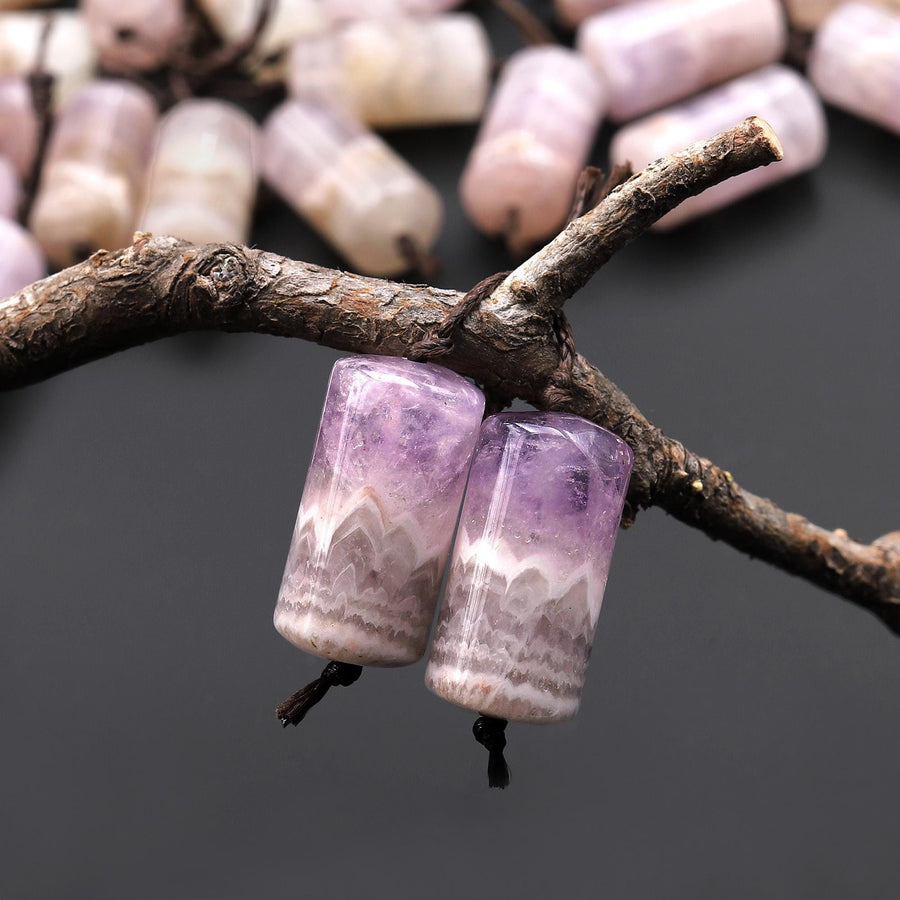 Rare Icy Natural Rainbow Amethyst Earring Pair Matched Smooth Cylinder Tube 10x20mm Gemstone Beads