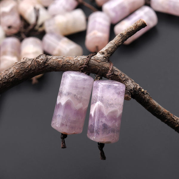 Rare Icy Natural Rainbow Amethyst Earring Pair Matched Smooth Cylinder Tube 10x20mm Gemstone Beads A2
