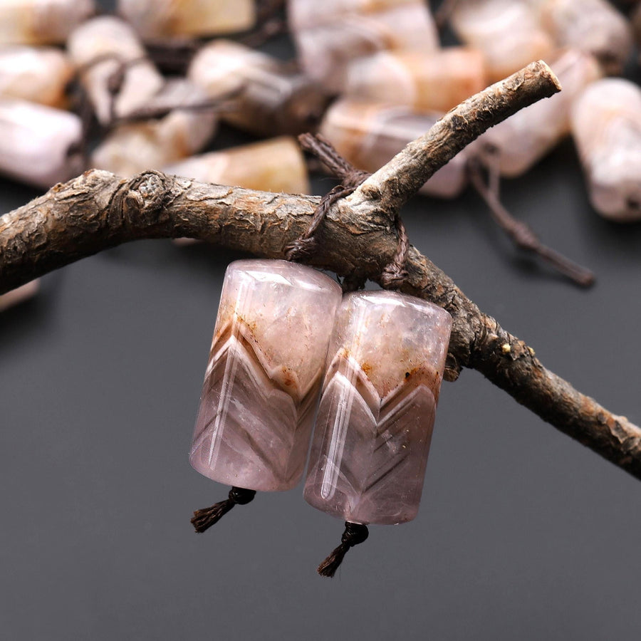 Rare Icy Natural Rainbow Amethyst Earring Pair Matched Smooth Cylinder Tube 10x20mm W/ Amazing Strips Veins Gemstone Beads A1