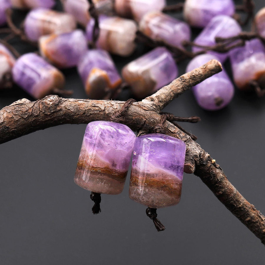 Rare Natural Rainbow Purple Amethyst Earring Pair Matched Short Cylinder Tube 14x10mm Gemstone Beads W/ Amazing Veins Bands