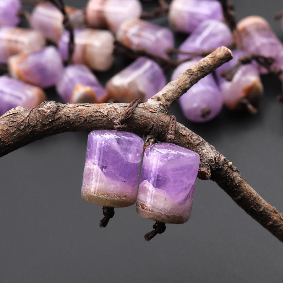 Rare Natural Rainbow Purple Amethyst Earring Pair Matched Short Cylinder Tube 14x10mm Gemstone Beads W/ Amazing Veins Bands