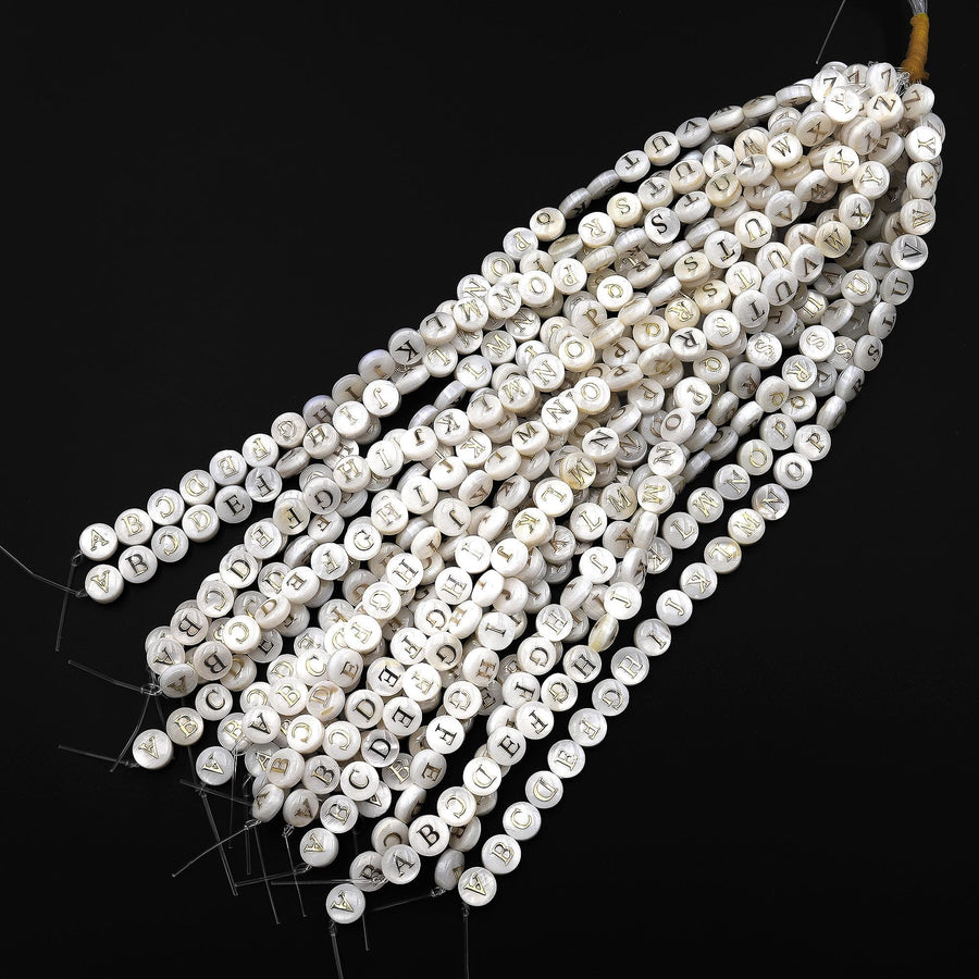 AAA Iridescent Hand Made Natural White Mother of Pearl Shell Beads 8mm Coin Gold 26 Alphabet Letters 8" Strand