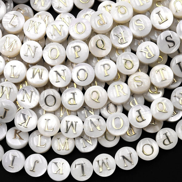 AAA Iridescent Hand Made Natural White Mother of Pearl Shell Beads 8mm Coin Gold 26 Alphabet Letters 8" Strand