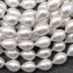 AAA Large Natural White Teardrop Pearl Good For Earrings Vertically Drilled 15.5" Strand