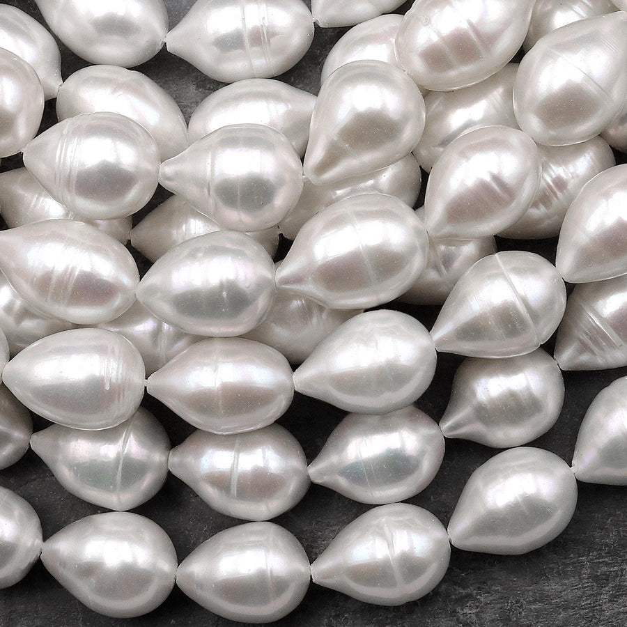 AAA Large Natural White Teardrop Pearl Good For Earrings Vertically Drilled 15.5" Strand