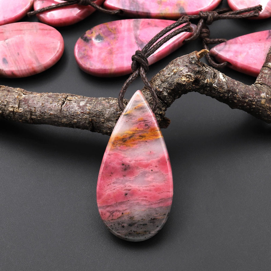 Natural Pink Rhodonite In Quartz Side Drilled Teardrop Pendant A2